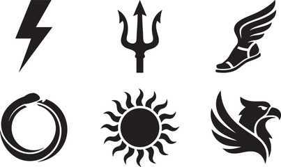Black vector icons of lightning bolt trident winged foot sun and eagle thunder storm © MOHAMMAD