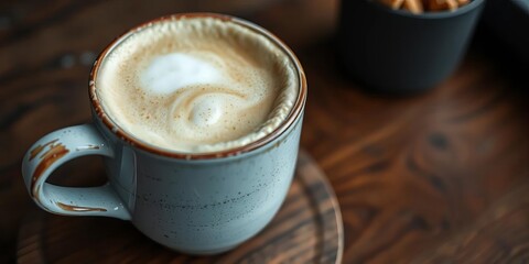 Close-up of frothy latte in rustic mug on wooden table,  overhead,  hot