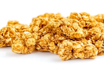 Golden-brown granola clusters, rich in detail, perfectly arranged on a bright white background, sharp focus for an organic snack advertisement.