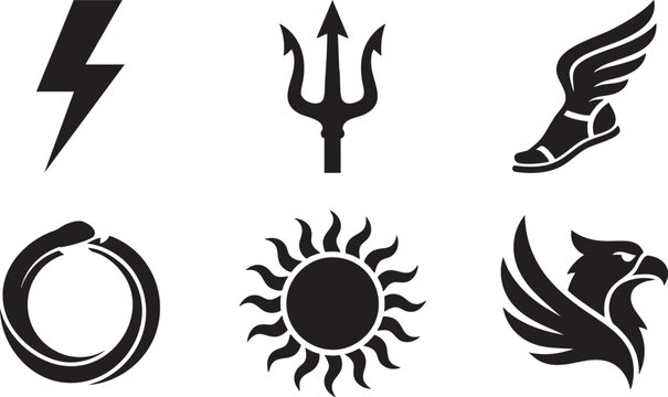 Black vector icons of lightning bolt trident winged foot sun and eagle thunder storm