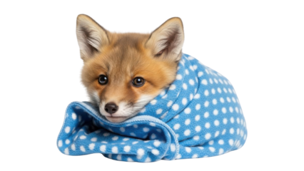 Adorable Baby Red Fox Cub Wrapped in Blue Polka Dot Fleece Blanket isolated PNG with Transparent Background