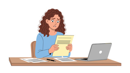 A woman sitting at a desk with a laptop and papers looking stressed or confused about her work or studies