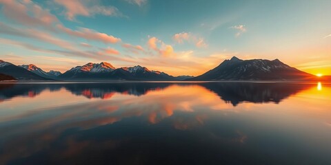 Serene mountain range reflecting in a still lake at sunset, vibrant colors,  colors,  lake