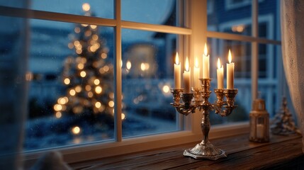 Christmas evening scene with golden candelabra and burning candles by window overlooking snowy winter landscape