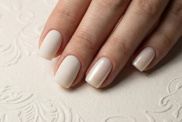 A close-up of a woman's hand with neatly manicured nails painted in Cloud Dancer color, resting on an embossed white surface. The nails are short and elegant.