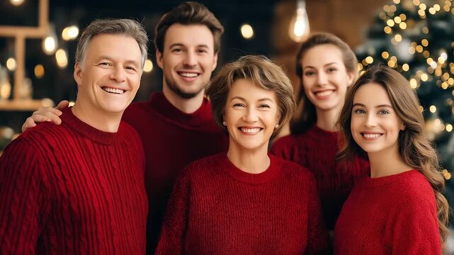Retro vintage nostalgia, photo happy family, matching red sweaters, celebrating Christmas decorated, tree family portrait, style seasonal celebration, display throwback moment, fac