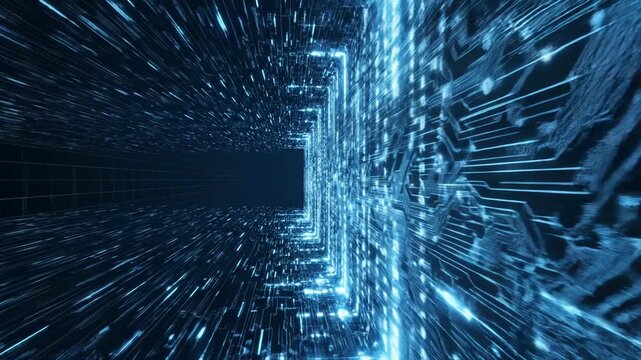 Abstract digital tunnel of blue light and binary code representing data flow and cyberspace connection in dark space