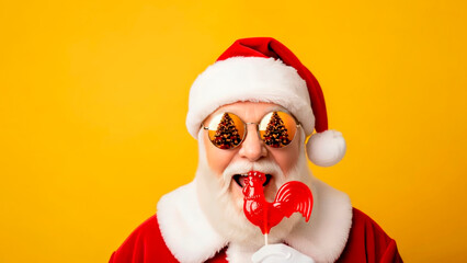Close-up of Santa Claus wearing round sunglasses with reflection of Christmas tree with sweet candy cockerel on bright yellow background.