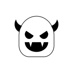 Cute Black and White Cartoon Devil Face with Horns and Fangs