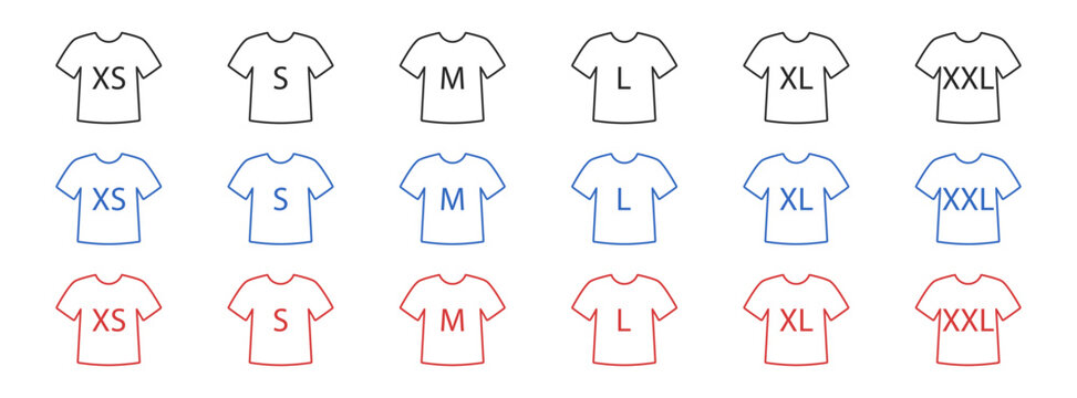 T-shirt and shirt size label icon vector for clothing and apparel with tags, medium, large, small, garment template, casual flat illustration, textile and sleeve design