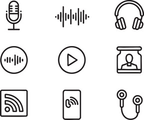 Collection of black line art icons representing audio and broadcasting elements microphone soundwave