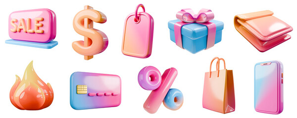 A vibrant 3D collection of glossy e-commerce and retail icons featuring sale signs, money, gift boxes, credit cards, discounts, and mobile shopping elements.