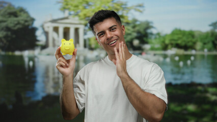 Young man in white t-shirt holding yellow piggy bank in a sunny park with a temple in the background, showcasing a thoughtful expression outdoors.