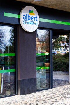 Albert company logo in front of supermarket from Ahold Delhaize group on December 9, 2025 in Prague, Czech Republic.