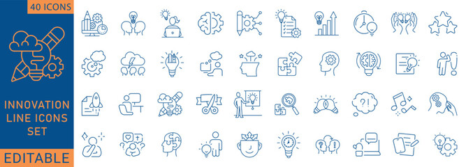 Creativity innovation set of web icons in line style. Creative business solutions icons for web and mobile app Creative idea, team management, brainstorming, solution, invention. Vector illustration.