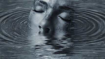 face melting into water ripples, representing dissolving anxious thoughts into calmness, dreamlike surrealism, 