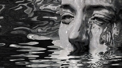 face melting into water ripples, representing dissolving anxious thoughts into calmness, dreamlike surrealism, 