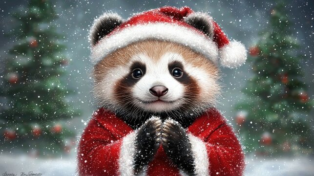 Cute panda in a red Santa outfit surrounded by snow and Christmas trees during a festive winter scene - Powered by Adobe