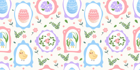 Floral cute seamless pattern with hand-drawn spring elements, blooming flowers, framed motifs, chicks, Easter eggs, and garden leaves. Cozy pastel background. Vintage cottage core aesthetic. Vector 
