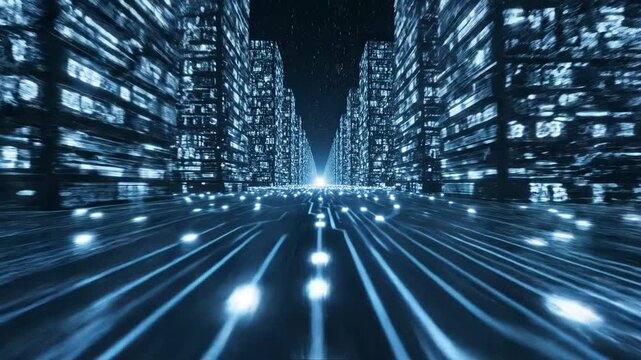Abstract futuristic cityscape with glowing blue light trails and binary code on building facades representing digital world