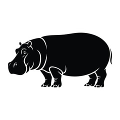 A striking black silhouette of a hippopotamus standing in profile view
