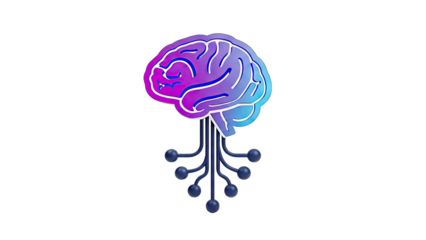 Abstract Digital Brain Icon With Gradient Colors Connected to Circular Nodes by Wires on Transparent Background Represents Artificial Intelligence and Neural Network Concepts