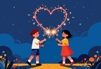 Obraz premium Children holding sparklers create a heart shape against a night sky