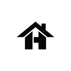 Simple black and white house icon with a chimney and door