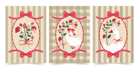 A set of modern flat vintage templates for posters, flyers, and postcards with delicious ripe strawberries and cute geese. Vector design.