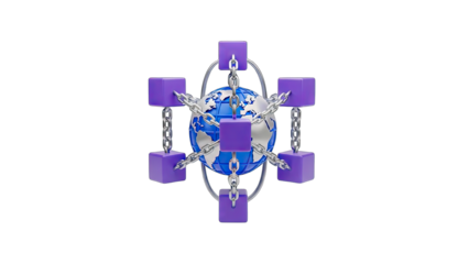 Abstract Digital Network Structure With Connected Purple Cubes Orbiting A Blue Earth Globe On A Transparent Background Representing Global Technology And Data Transfer