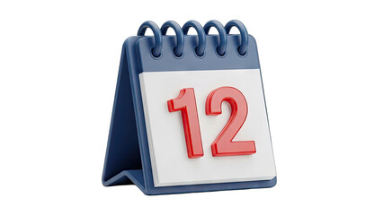 3D Rendered Blue Desk Calendar With White Pages Displaying Red Number 12 On A Transparent Background