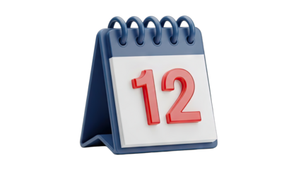 3D Rendered Blue Desk Calendar With White Pages Displaying Red Number 12 On A Transparent Background