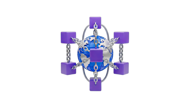 Abstract Digital Network Structure With Connected Purple Cubes Orbiting A Blue Earth Globe On A Transparent Background Representing Global Technology And Data Transfer - Powered by Adobe