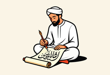 Man in traditional attire meticulously inscribing Arabic calligraphy onto a scroll with a brush