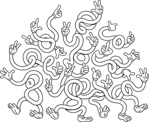 Whimsical cartoon noodle characters with hands and feet, peace signs, gestures, tangled design, surreal style, flat vector illustration