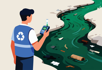 Environmentalist tests polluted green water with a device