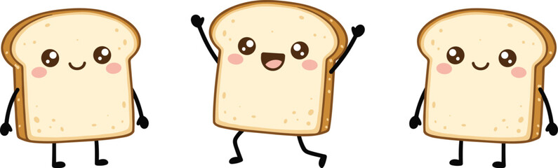 Cartoon bread slices with smiling faces, jumping and standing poses, cute food characters, playful theme, flat vector illustration