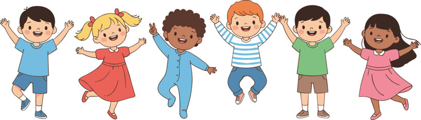 Cartoon children jumping with raised arms, diverse kids in colorful outfits, joyful expressions, happy mood, flat vector illustration