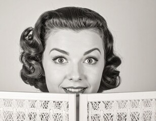 1950s beautiful young French woman face behind a folding room di