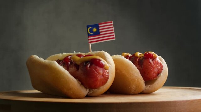 Close up of hot dog with Malaysian flag, composition highlights halal Malaysian sausages and soft buns from local producers.