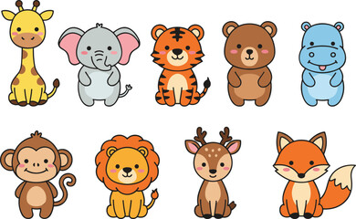 Cute cartoon animals set with smiling giraffe, elephant, tiger, bear, monkey, lion, deer, fox, flat vector illustration