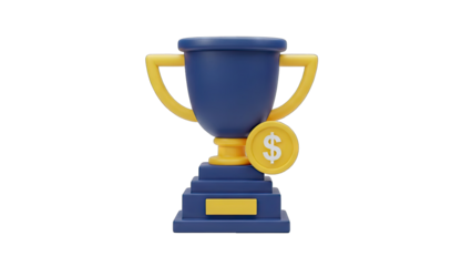 3D Rendered Blue Trophy With Gold Accents And A Coin Symbolizing Success And Achievement Isolated On A Transparent Background