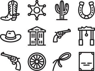 Cowboy western icons set with boot sheriff badge cactus horseshoe hat building gun wheel lasso and document