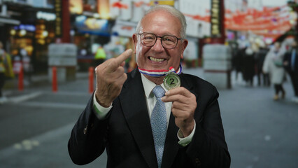 Senior man in suit making offensive gesture with middle finger while holding silver medal outside on busy street.