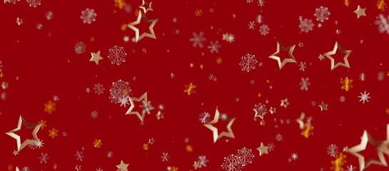 Christmas background with golden stars and snowflakes on red. Perfect for holiday designs, greeting cards, and festive promotions. © vegefox.com