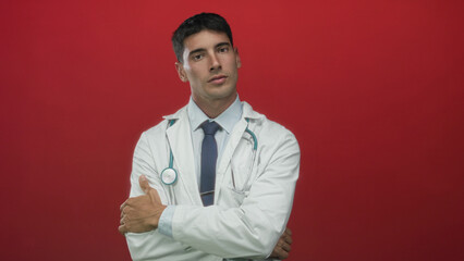 Man with stethoscope and white coat crosses arms in red studio setting; professional restraint...
