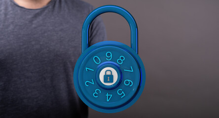Secure concept image featuring a person and a combination lock. Illustrating safety, security,...
