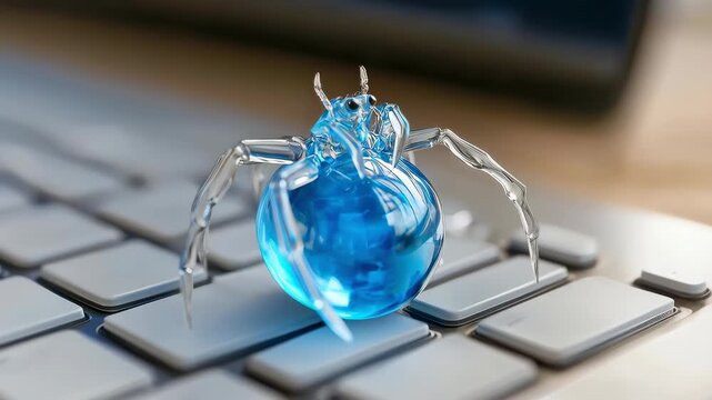 Blue glass spider cyber bug malware concept computer keyboard, digital security threat with transparent legs, macro closeup glossy texture technology