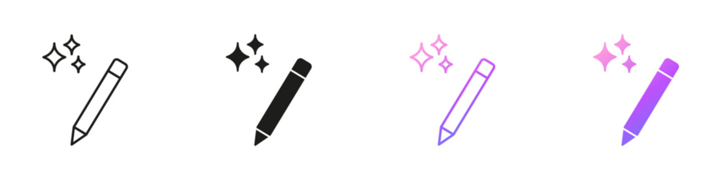 AI Pencil Icons for Artificial Intelligence Writing, Drawing and Digital Creativity Line and Solid Icon Set. AI Content Creation and Innovation Symbol Collection. Isolated Vector Illustration