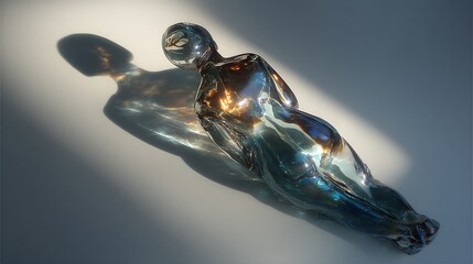 abstract human figure made of glass reflecting gentle light, symbolizing fragile peace and emotional recovery, 